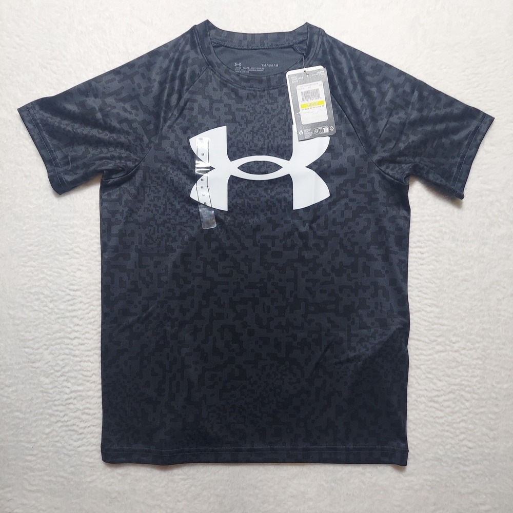 Under Armour Tech Printed SS Shirt Boys Youth Medium Grey Black Camo NWT 1363278
